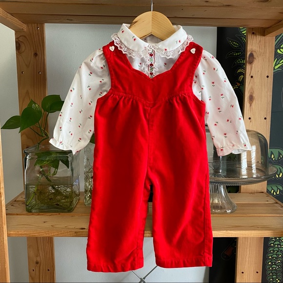 Vintage Tiny Tots Originals Red Velvet Overall Romper Heart Flower Lace Shirt - Picture 2 of 13